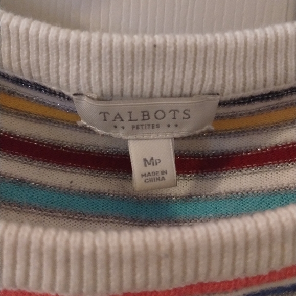 Talbots Sweater Off White Colorful Metallic Silver Shimmer Stripe Size M Petite - Picture 3 of 4